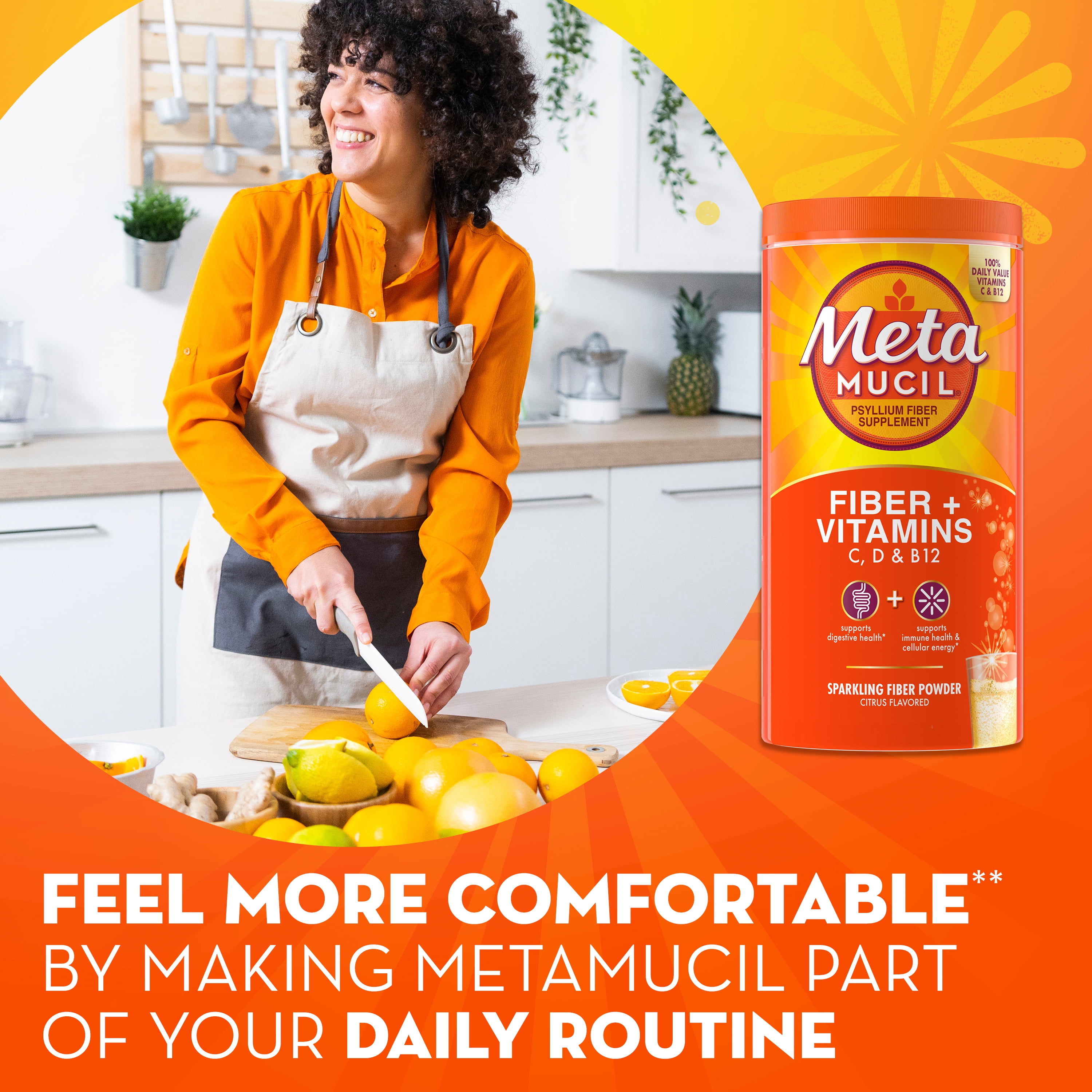 Metamucil Fiber Powder with Vitamins B12 - Citrus Flavor, 50 Servings