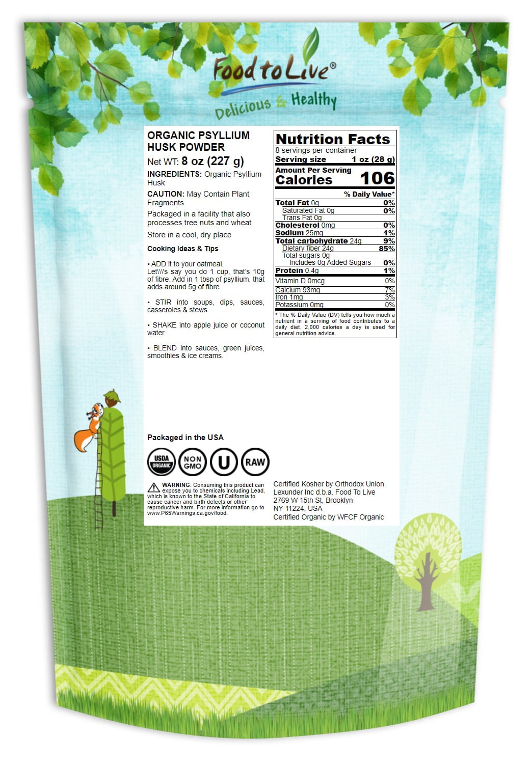 Organic Psyllium Husk Powder 0.5 lb Non-GMO Kosher Raw Vegan - Food to Live