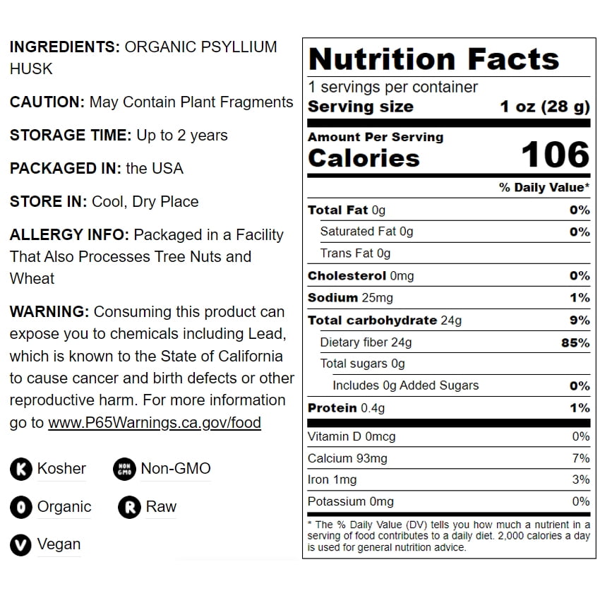 Organic Psyllium Husk Powder 0.5 lb Non-GMO Kosher Raw Vegan - Food to Live