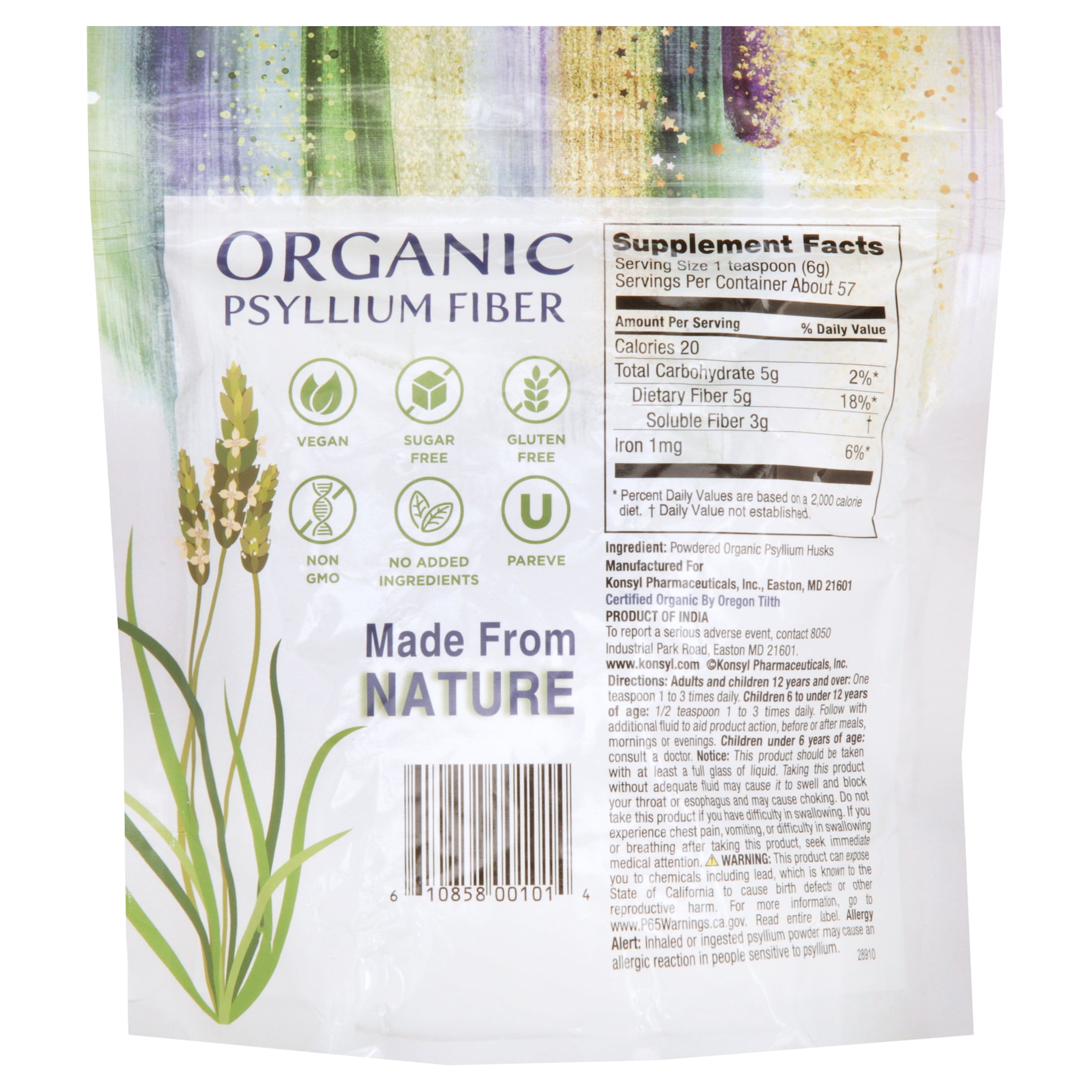 Konsyl Organic Psyllium Fiber Supplement - 340g for Daily Use