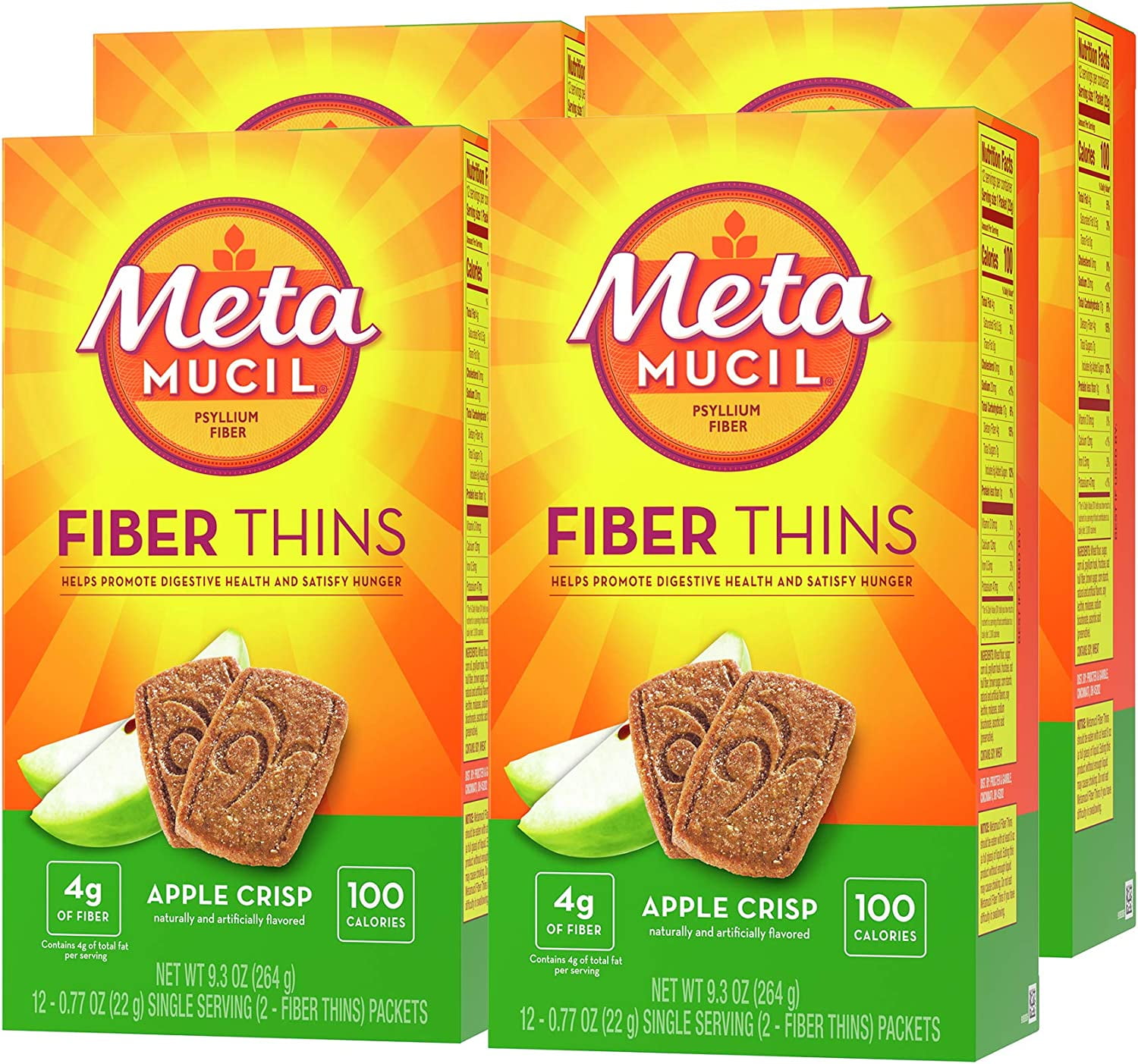 HZY Psyllium Husk Fiber Thins for Digestive Health, Apple Crisp, 12 Count x 4 Pack