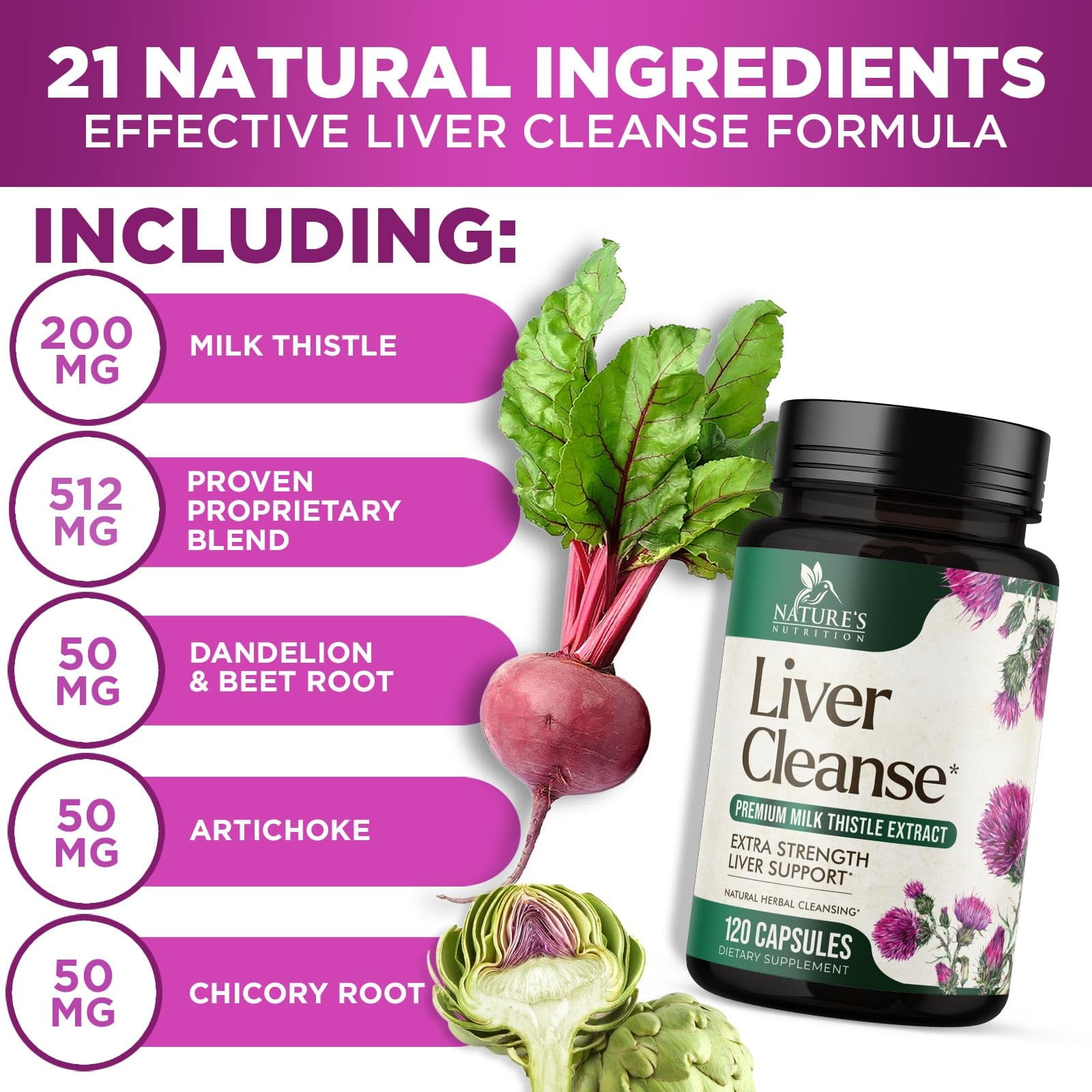 Natural Liver Cleanse Supplement - 21 Herb Formula with Milk Thistle, Dandelion & Beet - Non-GMO Vegan - 120 Caps