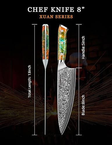 XUAN SERIES 8-INCH CHEF KNIFE - VG10 DAMASCUS STEEL - RESIN HANDLE (FANTASY ORANGE)