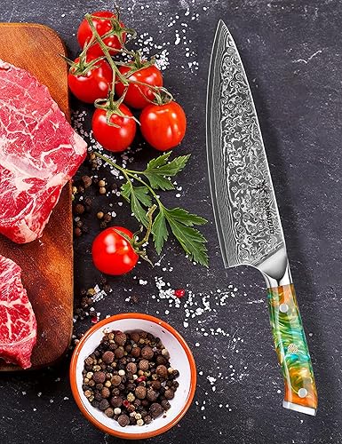 XUAN SERIES 8-INCH CHEF KNIFE - VG10 DAMASCUS STEEL - RESIN HANDLE (FANTASY ORANGE)