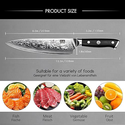 SHAN ZU 8 Inch Japanese Damascus Chef Knife - High Carbon Steel Utility Knife