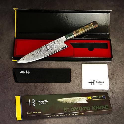 HAJEGATO DAMASCUS CHEF KNIFE 8 INCH JAPANESE GYUTO WITH UNIQUE HANDLE | VG10 67 LAYERS DAMASCUS STEEL, SHEATH
