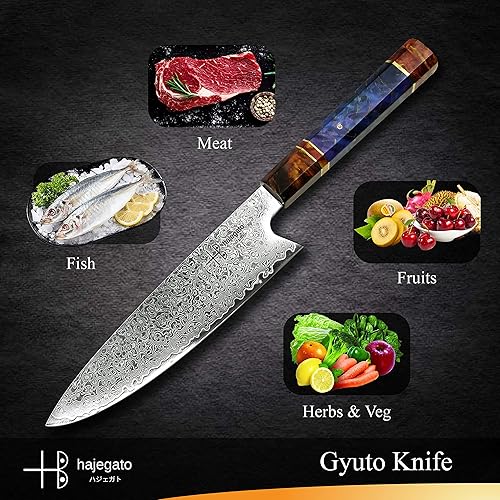 HAJEGATO DAMASCUS CHEF KNIFE 8 INCH JAPANESE GYUTO WITH UNIQUE HANDLE | VG10 67 LAYERS DAMASCUS STEEL, SHEATH