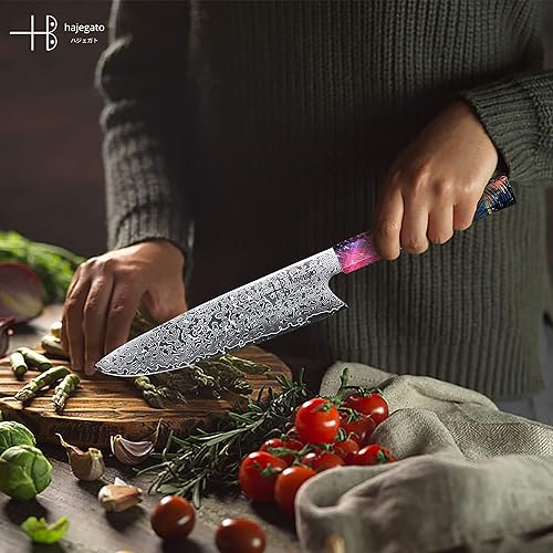 HAJEGATO DAMASCUS CHEF KNIFE 8 INCH JAPANESE GYUTO WITH UNIQUE HANDLE | VG10 67 LAYERS DAMASCUS STEEL, SHEATH