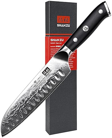 SHAN ZU 7 Inch Santoku Chef Knife - Damascus Stainless Steel, Fiberglass Handle