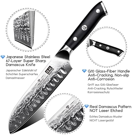 SHAN ZU 7 Inch Santoku Chef Knife - Damascus Stainless Steel, Fiberglass Handle