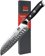 SHAN ZU 7 Inch Santoku Chef Knife - Damascus Stainless Steel, Fiberglass Handle
