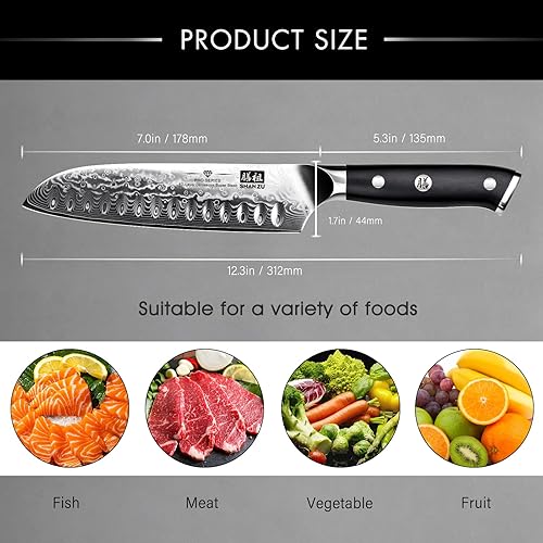SHAN ZU 7 Inch Santoku Chef Knife - Damascus Stainless Steel, Fiberglass Handle
