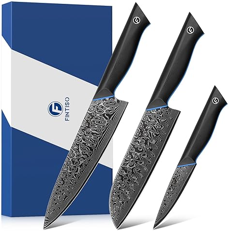 Damascus Steel Chef Knife Set - 3 Piece Professional Knives with G10 Handle