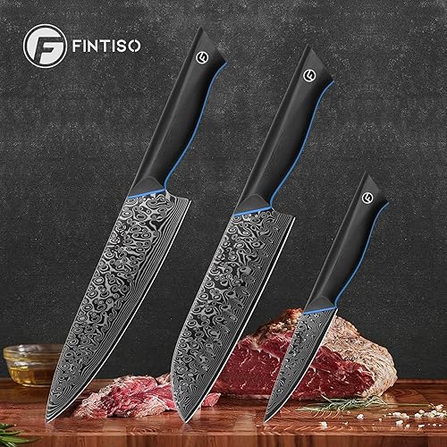 Damascus Steel Chef Knife Set - 3 Piece Professional Knives with G10 Handle
