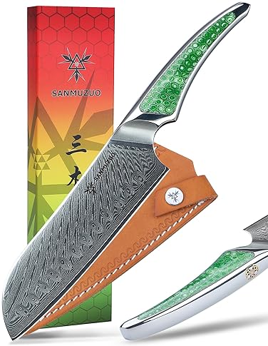 Damascus Steel 7" Santoku Knife, Ultra Sharp Kitchen Blade, Full-tang Handle in Green Resin – LA-S9 Series "Japanese VG-10