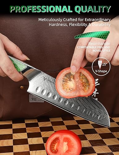 Damascus Steel 7" Santoku Knife, Ultra Sharp Kitchen Blade, Full-tang Handle in Green Resin – LA-S9 Series "Japanese VG-10