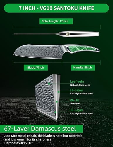 Damascus Steel 7" Santoku Knife, Ultra Sharp Kitchen Blade, Full-tang Handle in Green Resin – LA-S9 Series "Japanese VG-10