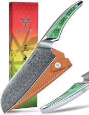 Damascus Steel 7" Santoku Knife, Ultra Sharp Kitchen Blade, Full-tang Handle in Green Resin – LA-S9 Series "Japanese VG-10