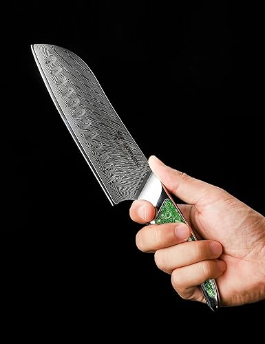Damascus Steel 7" Santoku Knife, Ultra Sharp Kitchen Blade, Full-tang Handle in Green Resin – LA-S9 Series "Japanese VG-10