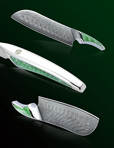 Damascus Steel 7" Santoku Knife, Ultra Sharp Kitchen Blade, Full-tang Handle in Green Resin – LA-S9 Series "Japanese VG-10