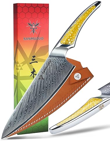 Damascus Steel 8-inch Chef Knife with Full-tang Handle in Yellow Resin - LA-S9 Series Japanese VG-10