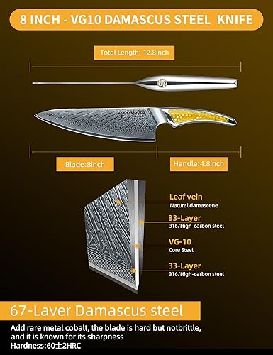 Damascus Steel 8-inch Chef Knife with Full-tang Handle in Yellow Resin - LA-S9 Series Japanese VG-10