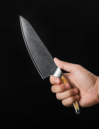 Damascus Steel 8-inch Chef Knife with Full-tang Handle in Yellow Resin - LA-S9 Series Japanese VG-10