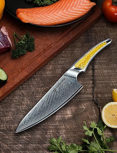 Damascus Steel 8-inch Chef Knife with Full-tang Handle in Yellow Resin - LA-S9 Series Japanese VG-10