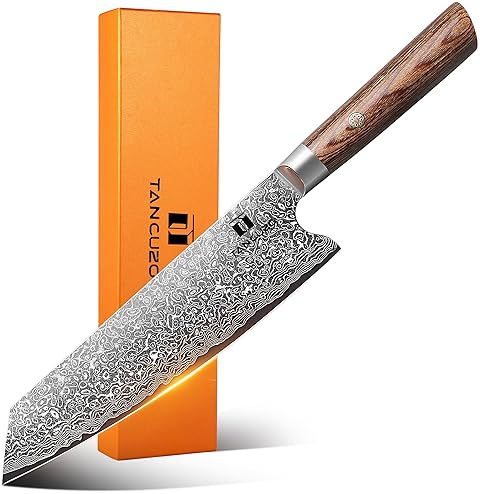 TANCUZO 9" JAPANESE DAMASCUS KIRITSUKE CHEF KNIFE WITH HIGH CARBON STEEL - PAKKAWOOD HANDLE, HAND FORGED SUSHI KNIFE