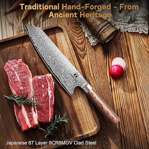 TANCUZO 9" JAPANESE DAMASCUS KIRITSUKE CHEF KNIFE WITH HIGH CARBON STEEL - PAKKAWOOD HANDLE, HAND FORGED SUSHI KNIFE
