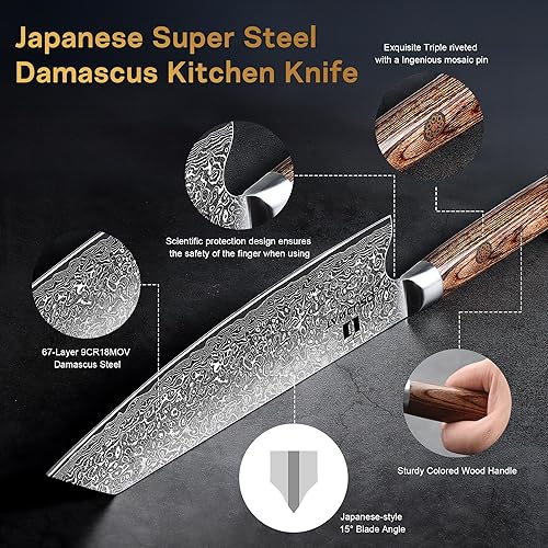 TANCUZO 9" JAPANESE DAMASCUS KIRITSUKE CHEF KNIFE WITH HIGH CARBON STEEL - PAKKAWOOD HANDLE, HAND FORGED SUSHI KNIFE