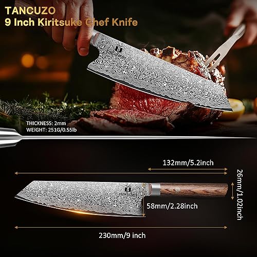TANCUZO 9" JAPANESE DAMASCUS KIRITSUKE CHEF KNIFE WITH HIGH CARBON STEEL - PAKKAWOOD HANDLE, HAND FORGED SUSHI KNIFE