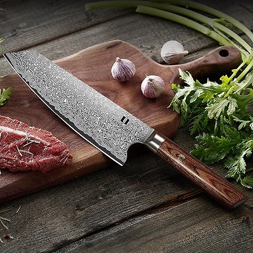 TANCUZO 9" JAPANESE DAMASCUS KIRITSUKE CHEF KNIFE WITH HIGH CARBON STEEL - PAKKAWOOD HANDLE, HAND FORGED SUSHI KNIFE