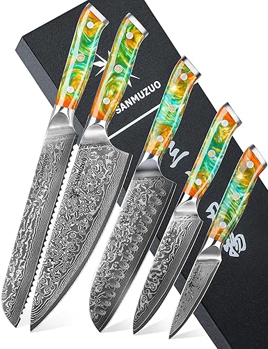 Damascus Steel, Resin Handle - Xuan Series (Fantasy Orange)'5-Piece Chef Knife Set - VG10
