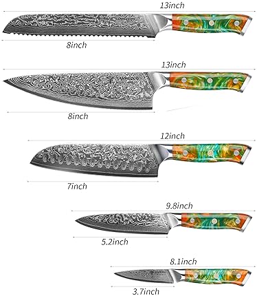 Damascus Steel, Resin Handle - Xuan Series (Fantasy Orange)'5-Piece Chef Knife Set - VG10