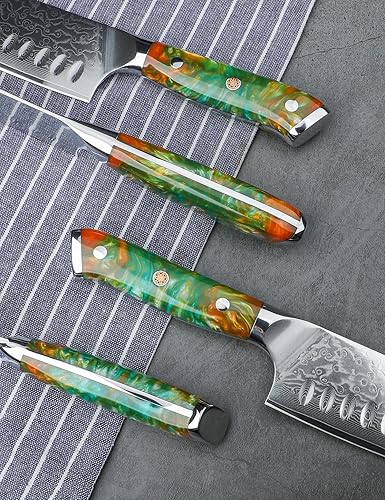 Damascus Steel, Resin Handle - Xuan Series (Fantasy Orange)'5-Piece Chef Knife Set - VG10