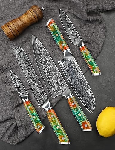 Damascus Steel, Resin Handle - Xuan Series (Fantasy Orange)'5-Piece Chef Knife Set - VG10