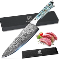 Damascus Steel Chef Knife, Japanese 10Cr15MOV Blade, Hand Forged Hammer Pattern, Abalone Shell Handle