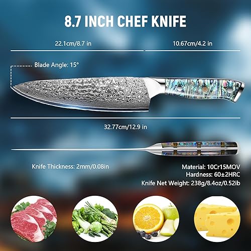 Damascus Steel Chef Knife, Japanese 10Cr15MOV Blade, Hand Forged Hammer Pattern, Abalone Shell Handle