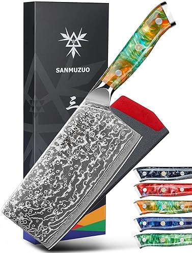 XUAN SERIES VG10 DAMASCUS STEEL - RESIN HANDLE (FANTASY ORANGE) "7" CHINESE CLEAVER KNIFE