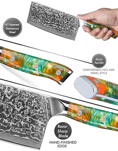 XUAN SERIES VG10 DAMASCUS STEEL - RESIN HANDLE (FANTASY ORANGE) "7" CHINESE CLEAVER KNIFE