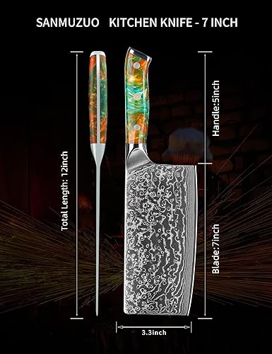 XUAN SERIES VG10 DAMASCUS STEEL - RESIN HANDLE (FANTASY ORANGE) "7" CHINESE CLEAVER KNIFE