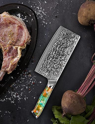 XUAN SERIES VG10 DAMASCUS STEEL - RESIN HANDLE (FANTASY ORANGE) "7" CHINESE CLEAVER KNIFE