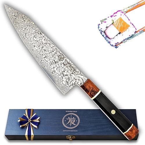 Kiritsuke Chef Knife – 8 Inch 110 Layer Damascus Steel with Dual Cores, Burl & Ebony Handle. Ideal for Pro Chefs