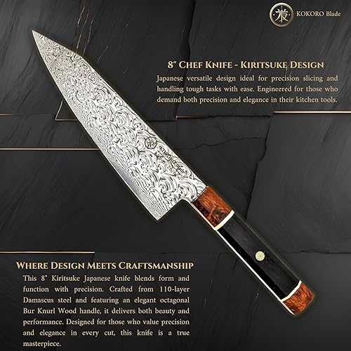 Kiritsuke Chef Knife – 8 Inch 110 Layer Damascus Steel with Dual Cores, Burl & Ebony Handle. Ideal for Pro Chefs