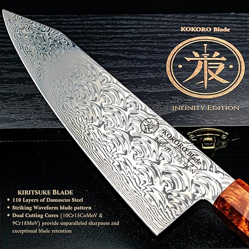 Kiritsuke Chef Knife – 8 Inch 110 Layer Damascus Steel with Dual Cores, Burl & Ebony Handle. Ideal for Pro Chefs