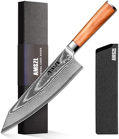 AMSZL 8.5-inch Japanese Damascus Chef Knife - VG10 Steel Core, Ultra Sharp Blade, Professional Kiritsuke Style - Includes Sheath & Gift Box