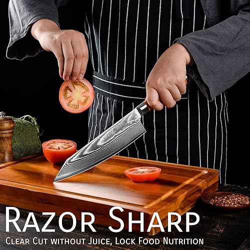 AMSZL 8.5-inch Japanese Damascus Chef Knife - VG10 Steel Core, Ultra Sharp Blade, Professional Kiritsuke Style - Includes Sheath & Gift Box