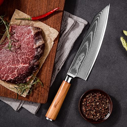 AMSZL 8.5-inch Japanese Damascus Chef Knife - VG10 Steel Core, Ultra Sharp Blade, Professional Kiritsuke Style - Includes Sheath & Gift Box