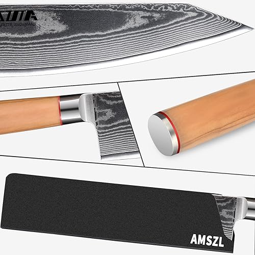 AMSZL 8.5-inch Japanese Damascus Chef Knife - VG10 Steel Core, Ultra Sharp Blade, Professional Kiritsuke Style - Includes Sheath & Gift Box